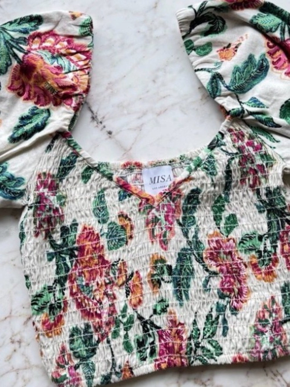 Misa Los Angeles White Floral Smocked Crop Top